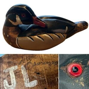 🦆Signed Handpainted Preening Drake Decoy J.B. Laurenzo Hand Carved Wood Duck VTG